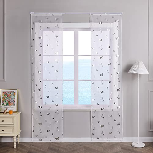 ESLIR 2er Set Flächenvorhänge Schiebegardinen Transparent Gardinen mit Klettband Schiebevorhang Weiß Vorhang Wohnzimmer Modern Silber BxH 57x145cm 2 Stück
