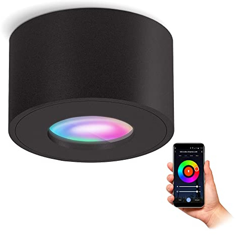SSC-LUXon CELI-1 Aufbauspot schwarz IP44 Smart RGB WLAN Bad rund | Smarter Bad-Aufbaustrahler schwarz rund IP44 - RGBW per App & Sprache, WLAN ohne Hub, für Bad & Außen, inkl. LED-Modul