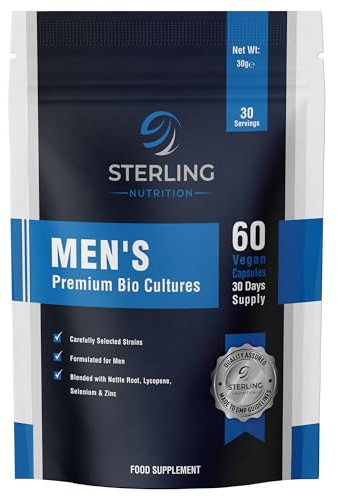 Probiotics for Men Capsules – 20 Billion CFU Premium Bio Cultures | Vegan with Nettle Root, Selenium, Zinc & B6 for Gut, Immunity & Male Health | 60 Capsules, 30 Days | STERLING NUTRITION