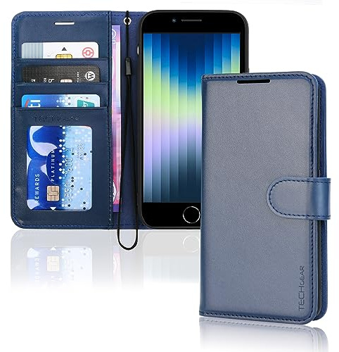 TECHGEAR hülle iPhone SE 2022 5G / 2020 Leder klappbar, PU Leder Flip Schutzhülle Ledertasche [Brieftasche] Handyhülle mit Ständer und Handschlaufe - Blau Kompatible mit iPhone 8/7/6