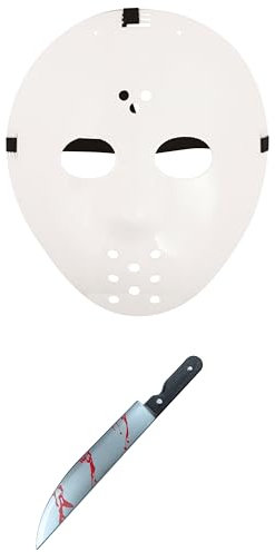 labreeze Hockey-Gesichtsmaske, weiß, Kunststoff, gefälschte blutige Küchenmesser, 50 cm, Requisite, Halloween-Horror-Stil, Kostüm-Set