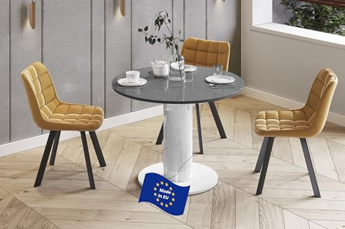 Design Esstisch rund HES-111 Grau Hochglanz / Weiß Hochglanz ausziehbar 100 cm bis 148 cm runder Esszimmertisch Küchentisch rund Funktionstisch oval kitchen table Esszimmer dining table Ausziehtisch