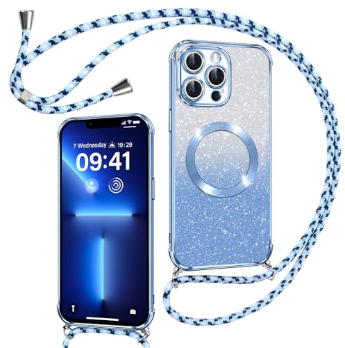 Phoona Hülle für iPhone 13 Pro mit Band, Blau | [Kompatibel mit MagSafe] Luxuriöse Glitzer Beschichtung Magnetische Handyhülle zum Umhängen Kordel Silikon Stoßfest