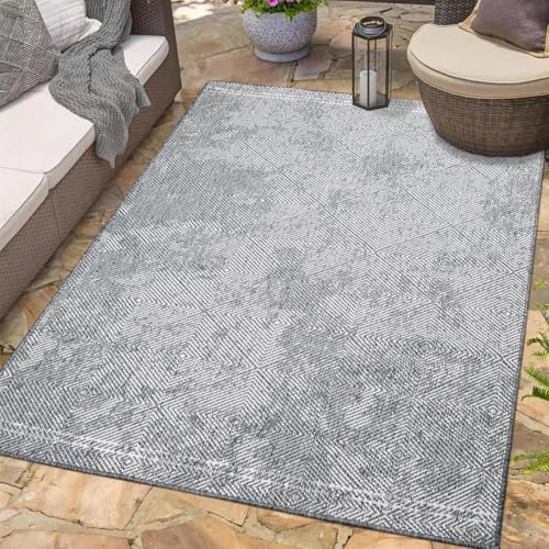 carpet city Outdoor Teppich Wetterfest 160x230 cm - Grau - Wendeteppich, Beidseitiges Meliertes Rauten-Muster - Balkonteppich Wasserfest Outdoor - Terrassenteppich