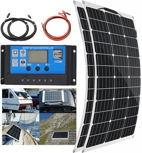 HDaspijh Kit de Panel Solar, (150W/300W/450W/600W) Panel Solar Flexible de 12V + Controlador de 40A, Fácil Instalación, para RV Barco Cabina Autocaravana Caravana Camper Remolque,300W