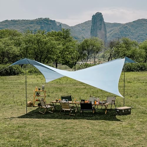 Tarp Wasserdicht Ultraleicht Mit 2 Stangen Camping Zeltplane Mit Ösen+Zeltspannleine+Heringe Camping Zelt-tarp Camping Tent Tarp Ultraleicht Für Hängematte Outdoor Reisen Picknick,Blue
