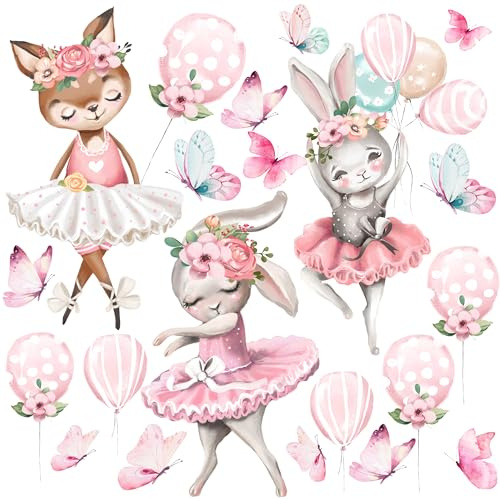 HUBDECO - Wandtattoo Kinderzimmer - Wanddeko - Selbstklebende Folie - Fototapete - Wandsticker - Selbstklebende Tapete - für Mädchen und Jungen - Reh, Kaninchen, Luftballons - 60x120cm
