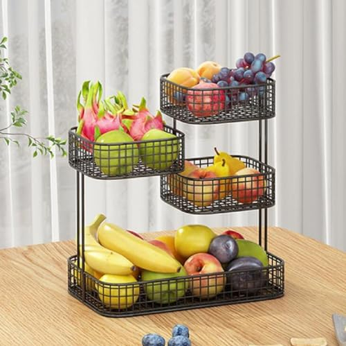 JUNYFFF Obstkorb Obst Etagere Mit 4 Etagen, Obstschale Für Die Arbeitsplatte Küche, Obstkörbe Metall 4 Stöckig, Obstetageren Gemüse Aufbewahrung Für Brot, Snacks, Gemüse,Schwarz