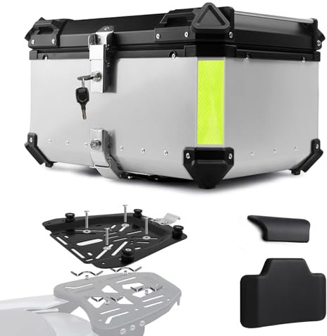 Baúl de Aluminio para Moto 45L 55L 65L 80L 100L, Maleta Top Case Impermeable, Maletero de Motocicleta, Caja para Scooter Con Placa de Montaje y Respaldo (Plata, 65 L)