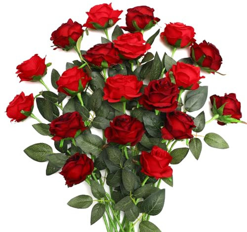 JUSTOYOU 20 PCS Rose Artificial Flower,Double Colour Silk Blooming Rose with Stem,Artificial Rose Bouquet Realistic Flower for Home Table Office Party Wedding Garden Arrangements(red and Burgundy)