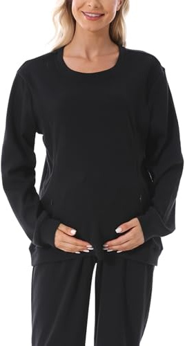 FEOYA Pullover Schwangerschaft Damen Sweatshirt Langarm Stilloberteile Umstandspullover Stillmode Winter Herbst Schwarz S