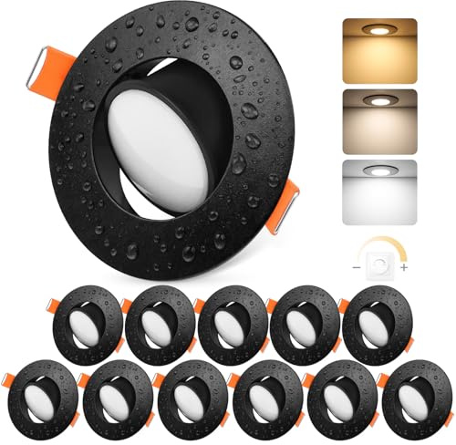 YindaLux 12x LED Einbaustrahler 230V Dimmbar 5W IP44 Schwarz Loch 68-80 mm | 550lm, 120° 3 Lichtfarben Warmweiß/Neutralweiß/Kaltweiß, 45° schwenkbar, Flimmerfrei, für Badezimmer, Küche und Wohnzimmer