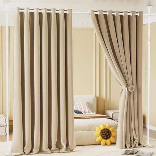 Yeabett Raumteiler-Gardinenstange – ohne Bohren, Trennwand, Raumteiler, 122–305 cm (H) 70–177 cm (B), verstellbar, robuste Trennwand, Raumtrenner, freistehend, Wandteiler für Raumtrennung, Weiß