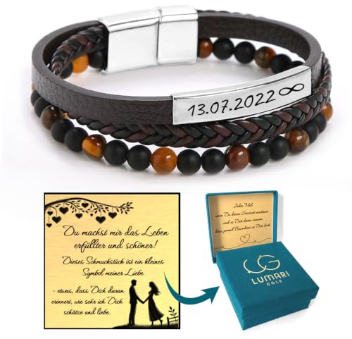 Lumari Gold Lederarmband Herren, Personalisiert mit Gravur, Leder Schwarz oder Braun, Edelstahlverschluss, Hypoallergen, Geschenkidee Männer, Schmuck für Männer, 4 Designs