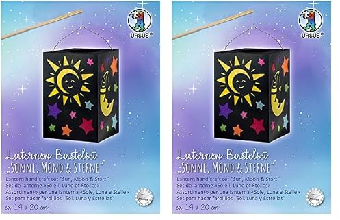 Ursus 2370099 Laternenbastelset Sonne, Mond & Sterne, Größe der Laterne ca. 14 x 20 cm, Komplettset mit Laternenrohling, Tragebügel, Transparentpapier in 7 Farben und Bastelanleitung, Papier, bunt