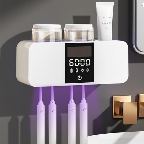 Zahnbürstenhalter UV Sterilisator mit 4 Elektrische Zahnbürstenschlitzen ＆ 2 Zahnputzbecher, Wandmontierter Organizer (Zahnpasta) für Kinder Erwachsene und Badezimmer (Schwarz)