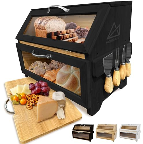 Modernlyst Extra Large Bread Box with Cutting Board & Knife Set | 7 Piece Set | Bamboo Breadbox | Bread Boxes for Kitchen Countertop | Bread Storage Container| Assembly Required