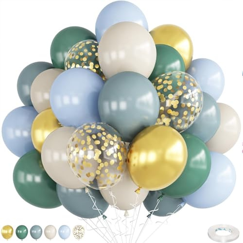 KAIYAYA 60 Stück Luftballons Grün Blau Gold Sand und Gold Konfetti Ballons 12 zoll Ballons Geburtstag mit 1 Band Luftballons Geburtstag für Geburtstagsdeko Babyparty Hochzeit Verlobung Party Deko