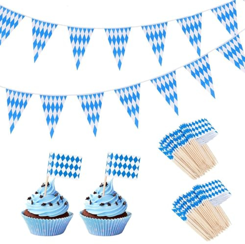 Bayrische Deko, Oktoberfest Dekoration, 2 Stück 10m Wimpelkette Bayerische Deko Und 100 Zahnstocher Fahnen, Bayerische Deko Für Party Dekoration, Haus Und Garten