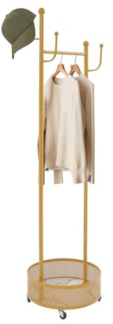 soudesileim Rund Kleiderständer auf Rollen, 45x170cm, Gesamtbelastbarkeit 10kg, 6 Haken, Garderobenständer Metall, Eingänge, Wohnzimmer, Schlafzimmer, Jackenständer Stehend (Gold)