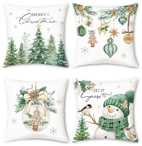 Bonhause 4er Set Kissenbezüge Weihnachten Schneemann Kiefern Weihnachtsbälle Grün 45 x 45 cm Dekorative Kissenhülle für Sofa Schlafzimmer Wohnzimmer Winter Feiertag Dekoration