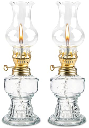 PORFOYO 2 lámparas de petróleo, lámpara de aceite de cristal, farolillo de petróleo, lámpara de aceite, petróleo, lámpara de queroseno, lámpara de aceite para interior, hogar, jardín, camping