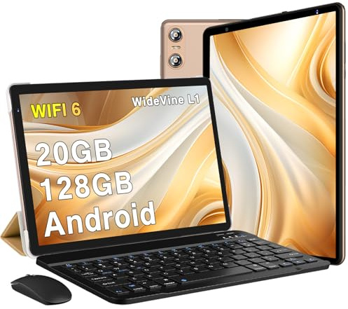 BIEGEDY Tablet 10 Pulgadas Android, Tablet 20GB RAM + 128GB ROM (TF 1TB), Octa-Core, Widevine L1, 5 MP + 8 MP/GMS/1280 * 800 Pixels/WiFi 6 /Bluetooth 5.0, Tableta con Teclado y Raton Oro