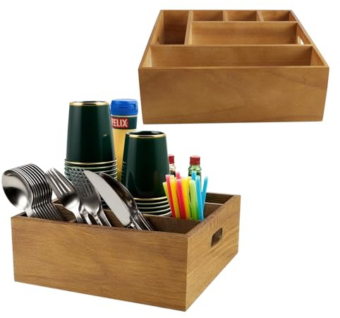 ZoeQide Besteckhalter Zweierpack fünf Fächer mit Griffen aus Akazienholz | Serviettenhalter für Buffet und Picknick ordnet Becher Strohhalme Besteck mit stapelbarer Aufbewahrung im rustikalen Design
