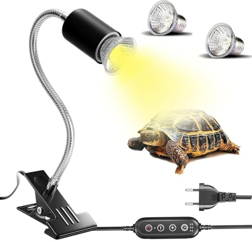 UQTUKO Lámpara para Tortuga, Lámpara de Calor de Reptil con con temporizador y 2 Bombilla UVA/UVB de 50W Tortugas de Agua Pinza Giratoria de 360 Grados para Lagartos, Serpientes, Camaleones