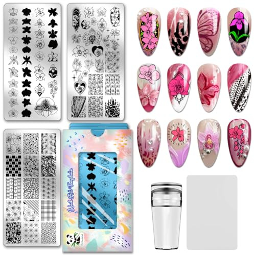 PH PandaHall 3pcs Orchids Nail Stamping Plates Flower Theme Nail Art Stencils Floral Leaf Manicure Art Templates Plants Leaves Nails Design Stamp for Women Manicures Salon DIY Printing Designs