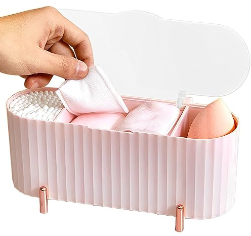 Contenitore per tamponi di trucco, porta batuffoli di cotone, dispenser per tamponi di cotone con 3 scomparti, contenitore per dischetti di cotone con coperchio, per camera da letto, bagno, toletta