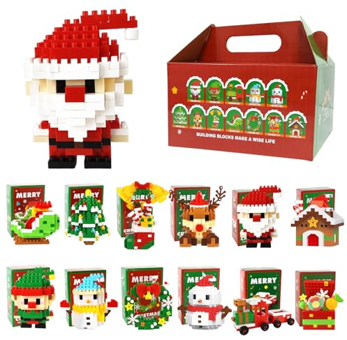 KutaKuta Blocchi da Costruzione Natalizi, 12 Pezzi Mini Mattoncini da Costruzione Natalizi con Babbo Natale, Albero di Natale, Renna, Set di Mattoncini da Costruzione con Tema Babbo Natale per Bambini