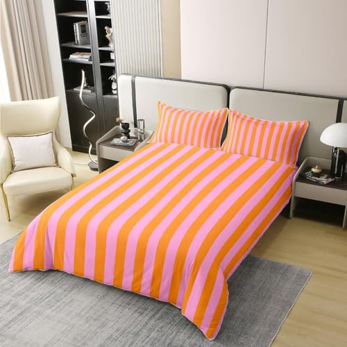 Rosa und Orange Bettwäsche 155x220 Streifen Bettwäsche Set, 3D Bettbezug Set Weich Microfaser Bettbezüge 3 Teilig Wendebettwäsche für Doppelbett, mit 2 Kissenbezüge b5871
