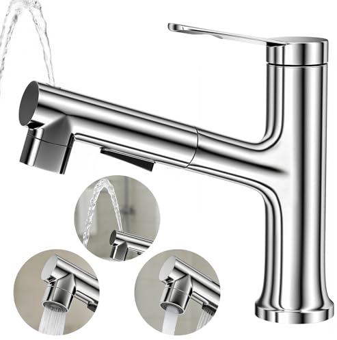 Hahorpa Kitchen Tap, Rustproof Basin Mixer Tap with Pull Out Spray, Premium 3-in-1 Brass Faucet with & 60Cm Anti-Burst Hose, Easy-to-Install Sink Taps for Bathroom Kitchen Washbasin, Chrome