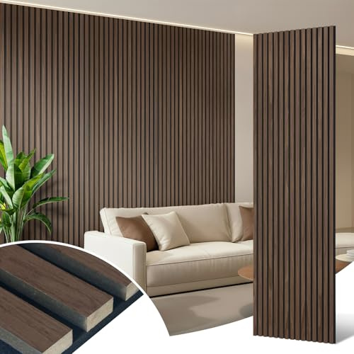 AKK-ART Akustikpaneele Holz 240x60cm-5.76m² 4 Stück Wandpaneele mit Holzfurnier & Filz,Holzpaneele Wand Acoustic Panel für Zuhause & Büro für Große Wandflächen Dunkel Walnuss#11
