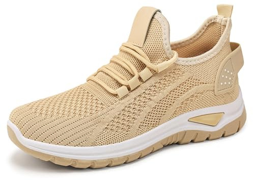 Gym skor dam sportskor gym slip-skor andas joggingskor halkfria promenadskor mesh ortopediska skor mjuk sula sneakers för breda fötter slip on sneakers, Beige, 41 EU