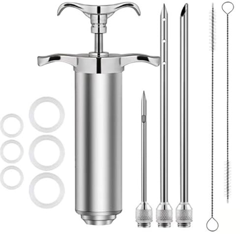 CAKEEYUM 1 Set Truthahn Bratespritze 2oz/60ml Edelstahl Truthahn Bratespritze mit 3 Nadeln & Reinigungsbürste für BBQ Grill, Fleischinjektor zum Kochen von, Fleischinjekto