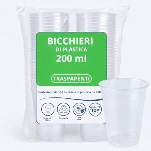 Generico 1000 Bicchieri Trasparenti 200 ml in Plastica – Usa e Getta, Robusti e Pratici – Perfetti per Feste, Ufficio e Catering – 10 Confezioni da 100 Pezzi