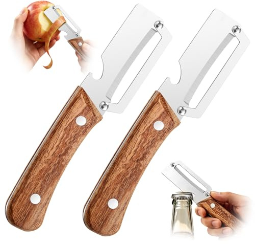 2PCS 2-in-1 Multifunctional Vegetable Peeler with Bottle Opener, Stainless Steel Peeler with Wooden Handle for Fruit Vegetable Potato Fruit Slicer Carrot Apple Cooking Kitchen Tool Camping Picnic