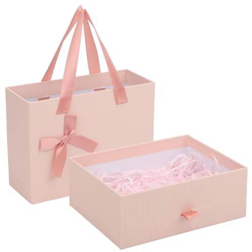 Segbeauty Geschenkbox Rosa mit Schleife, 17×13×7cm Geschenkbox Geburtstag | mit Raffia, Tragbare, Geschenkschachtel Klein für Parfümzerstäuber, Roll On Flasche, Hochzeit, Party, Jubiläum
