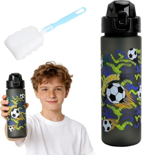 YPLANGENT Vattenflaska 700 ml för barn, fotbollsdesign BPA-fri, läckagesäker, öppning med en knapptryckning, diskmaskinsäker dricksflaska, kolsyra, lämplig för skola och sport