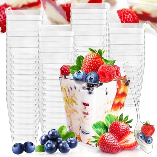 AGOVXTI 60 stycken dessertglas, 160 ml dessertskålar, set med 60 stycken skedar, återanvändbara dessertkoppar plast för dessertfest, pudding mousse, glassbägare