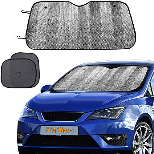 Windshield Sun Shade, Car Window Shade as Bonus by Big Hippo Keep Vehicle Cool Protect Your Car from Sun Heat & Glare Best UV Ray Visor Protector (Size: 55.16X 27.5)