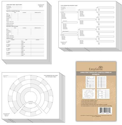 LARGE PRINT Genealogy Charts and Forms Kit (30 Sheets) | Includes 10 Pedigree Charts, 10 Fan Charts, and 10 Family Group Sheets