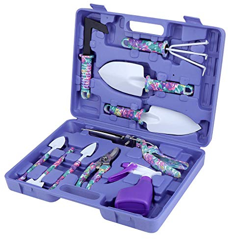 Coolty Gartengeräte Set, 10 Stück Gartenhandwerkzeuge mit lila Blumendruck Ergonomischer Griff Schaufel Spaten Rechen Egge Kelle Gartenschere Sprayer mit Tragetasche Gartengeschenke
