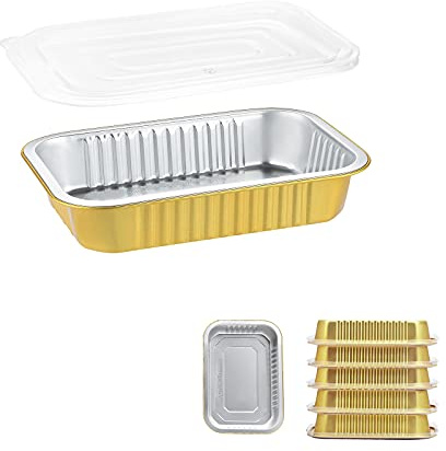 MESTAEK 7x5 Sturdy Foil Pans + Snap-On Lids (5 Pack) | 2X Thicker Heavy Duty Reusable 20oz | Grill Oven Microwavable Multi-Use Pot| Disposable Aluminum Tin for Baking Cooking