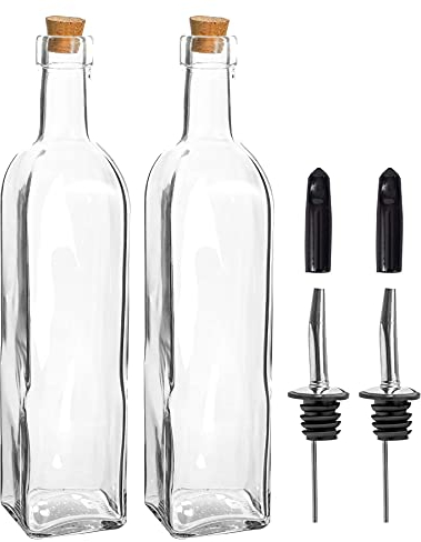 Argon Tableware Olive Oil Bottles with Cork Lids - 500ml - Pack of 2 - Dishwasher Safe Kitchen Glass Olive Oil Dispenser Cruet with Dust Cap, Cork Stopper and Tapor Pourer Top for Soy Sauce, Vinegar