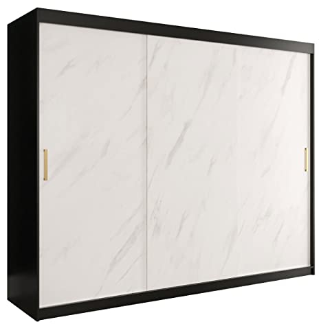 Kleiderschrank Kamoga T, Schwebetürenschrank mit 2 Kleiderstangen, Marmor Optik Muster, Schiebetürenschrank für Schlafzimmer, Garderobe (Modell 250, mit Schubladen, Schwarz/Marmor Weiß + Gold)