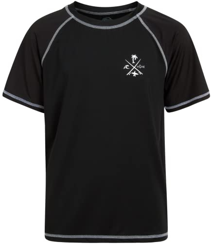Quad Seven Boys Swim Shirt - Quick Dry Sun Protection Short Sleeve Rash Guard for Boys Surf Youth Kids Swimwear (Sizes: 5-18), Size 12-14, Black