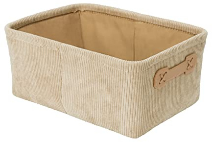 WENKO Badkorb Anela, zum Aufbewahren und Ordnen von Badutensilien und Accessoires in weichem Cord-Design aus 100 % Polyester, mit zwei kleinen Griffen aus Kunstleder, 27,6 x 12 x 20 cm, Beige